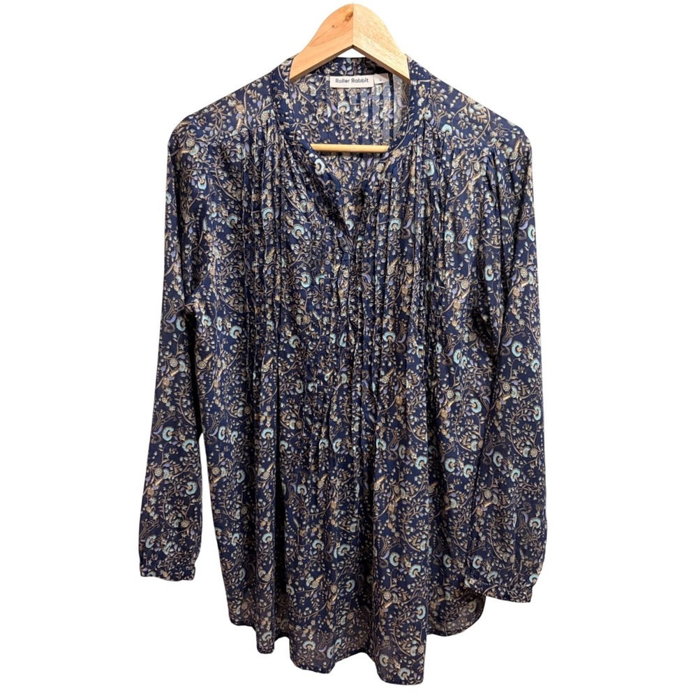 Roller Rabbit Womens Floral Print Long Sleeve Top Size M -‎ Navy & Beige